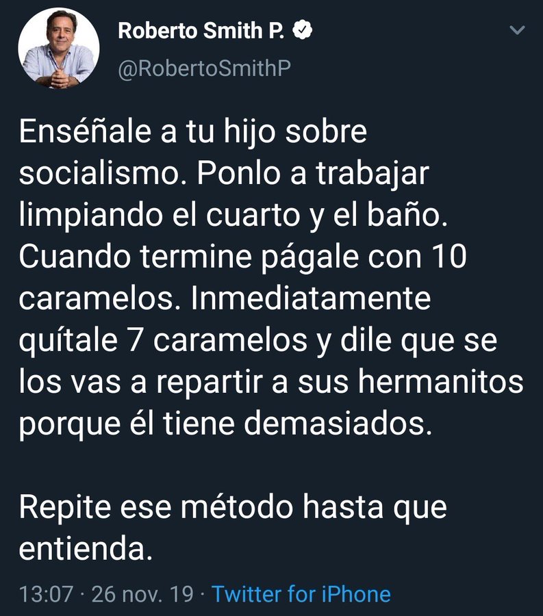 Hanky_solo's tweet photo. Enséñale a tu hijo el capitalismo. Ponlo a trabajar limpiando el cuarto y el baño. Mientras, tú te comes una bolsa de chuches. Al finalizar, le das una mora mordisqueada. Si protesta, le dices que el cuarto y el baño son tuyos, y que sin ellos él no tendría esa chuche. https://t.co/ne3qYkApgJ