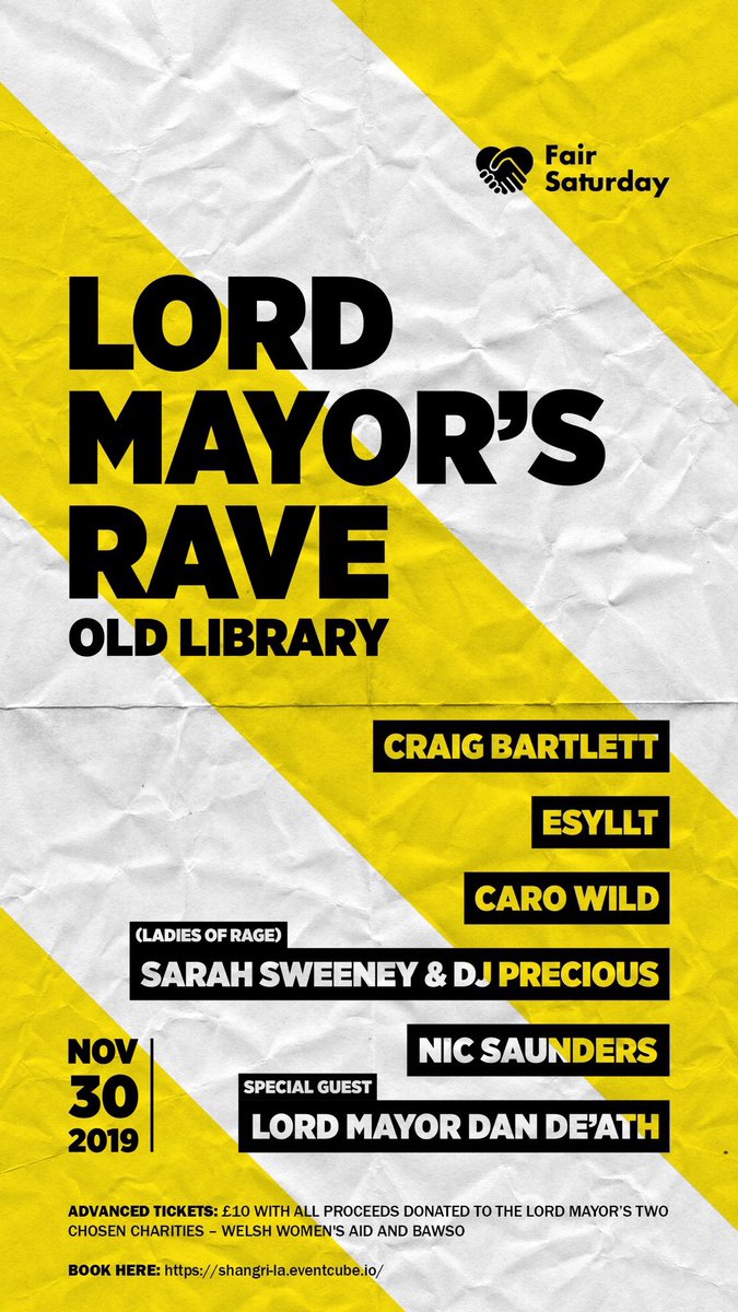 HENO/TONIGHT

 <a href="/FairSaturday/">Fair Saturday Foundation</a> #Cardiff #Caerdydd parti/y!

Gyda/with:
<a href="/Esyllt/">Esyllt</a> 
<a href="/eddieraph/">Nick Saunders</a> 
<a href="/Lamerica1998/">craig bartlett</a> 
<a href="/DeAthCardiff/">Dan De'Ath</a> 
<a href="/CaroWild/">Caro Wild</a> 

Am gyfer/for: <a href="/WelshWomensAid/">WelshWomensAid</a> <a href="/BAWSO/">Bawso</a> 

Tocynnau/tickets:
shangri-la.eventcube.io

Yma/here: facebook.com/events/2355218