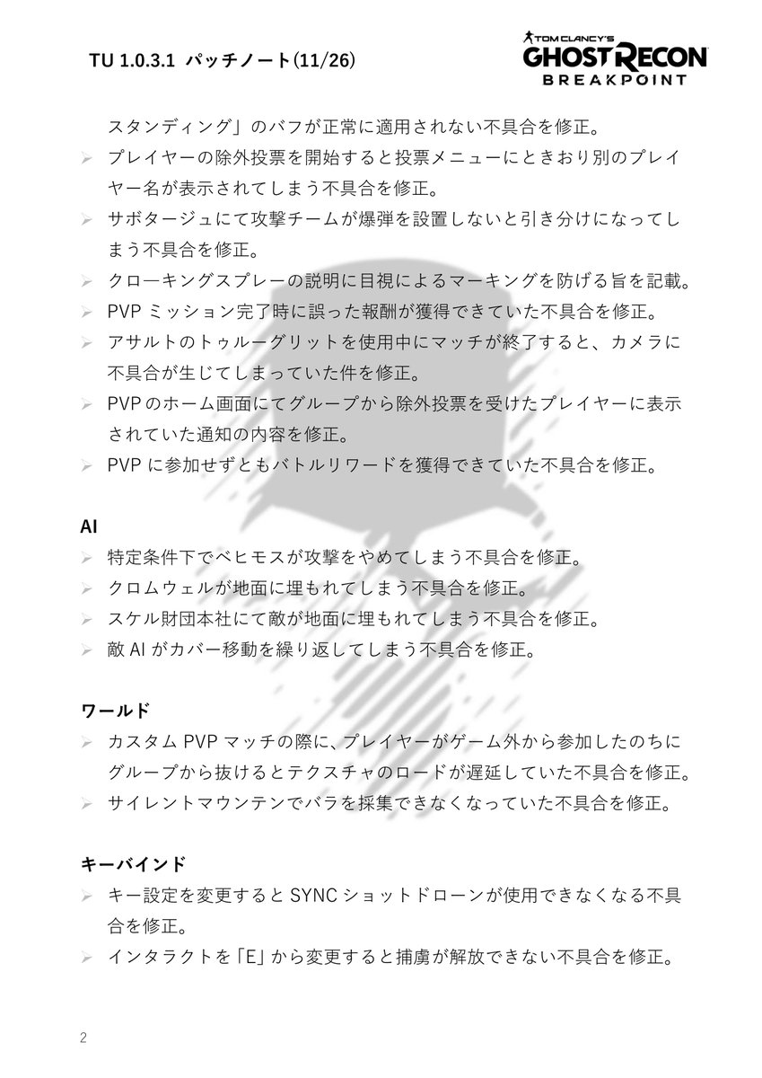 ゴーストリコンブレイクポイント  TU1.0.3.1のパッチノート和訳前編です。今回は以下を一例として、PVEからPVPまで幅広い対応が行われた模様です。 ・ミッション進行不能バグ  ・アイテム消失 ・SYNCショットドローン展開不能バグ ・バトルポイントの累計バグ ・乗り物各種 ...
