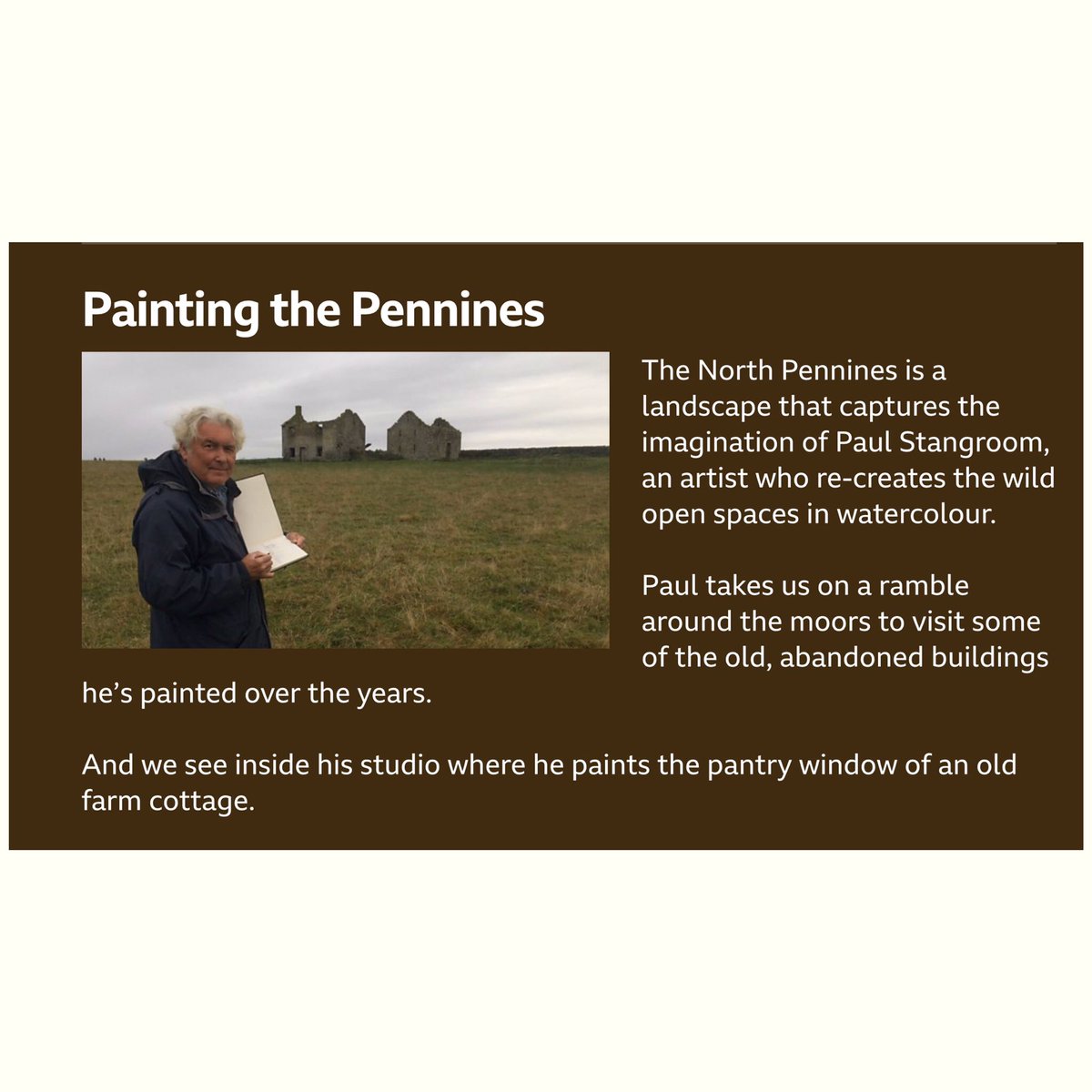 Countryfile will be on at 17.20 tomorrow and from this summary of the episode on their website, it looks like I‘m on about half way through.

Countryfile >> bbc.co.uk/programmes/m00…

#Countryfile #Prudhoe #Corbridge #Stagshaw #Hexham #hadrianswall #art #fineart #gallery