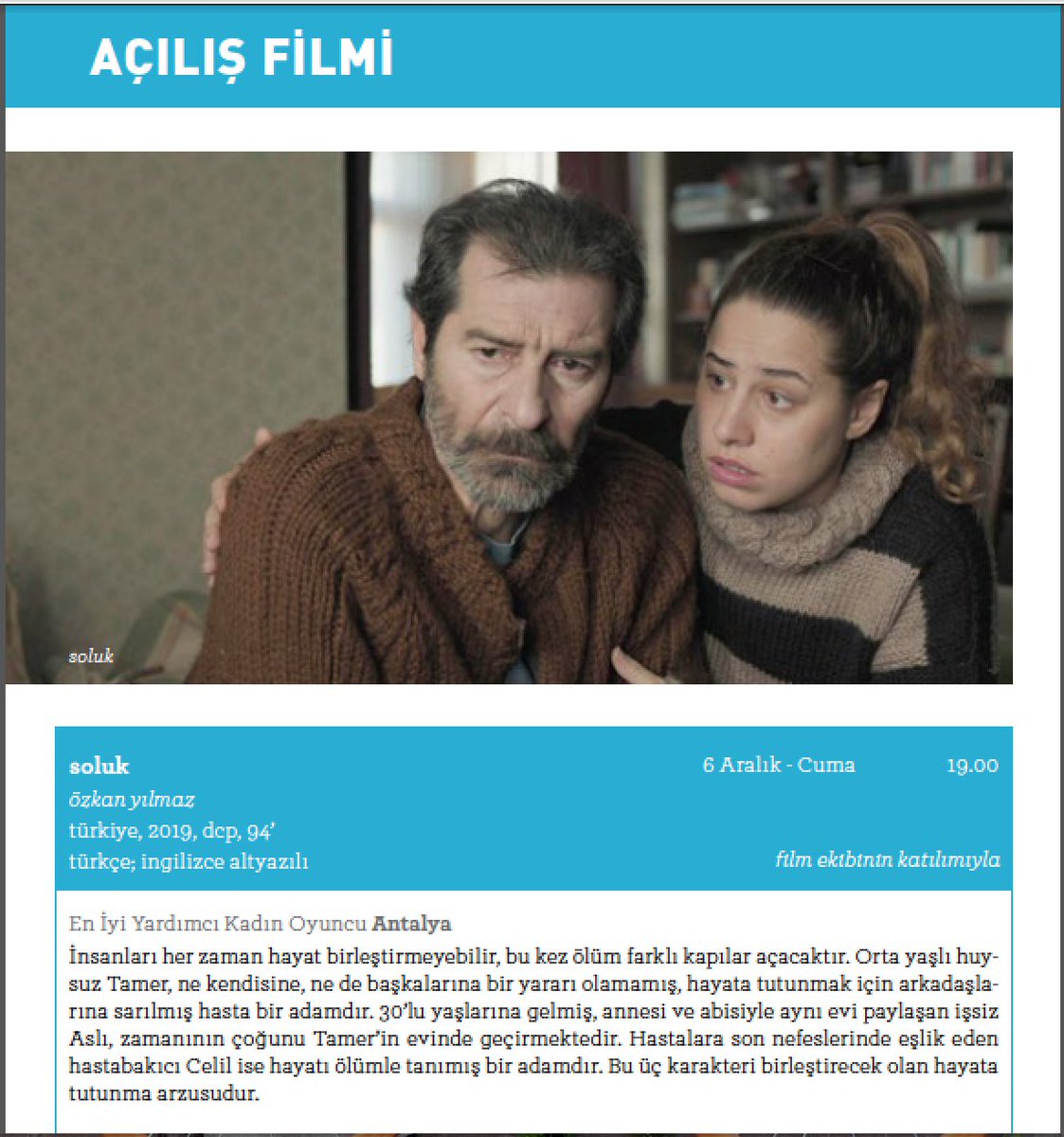 Gezici Festival'in Sinop durağındaki açılış filmi, Soluk... Film ekibinin katılımıyla gerçekleşecek gösterim, 
6 Aralık Cuma günü saat 19.00'da... Detaylar ve bilet satışı ankarasinemadernegi.org'da. #Soluk #solukfilm #solukfilmekip #gezicifestival #Sinop