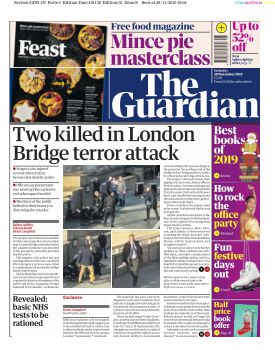 As you'd expect, there are a lot of dramatic front pages out there today, but I was struck by the Guardian. Because it kept all its Saturday puff paraphernalia in place. Across the top, down the side. There's even a second story on the front.2/