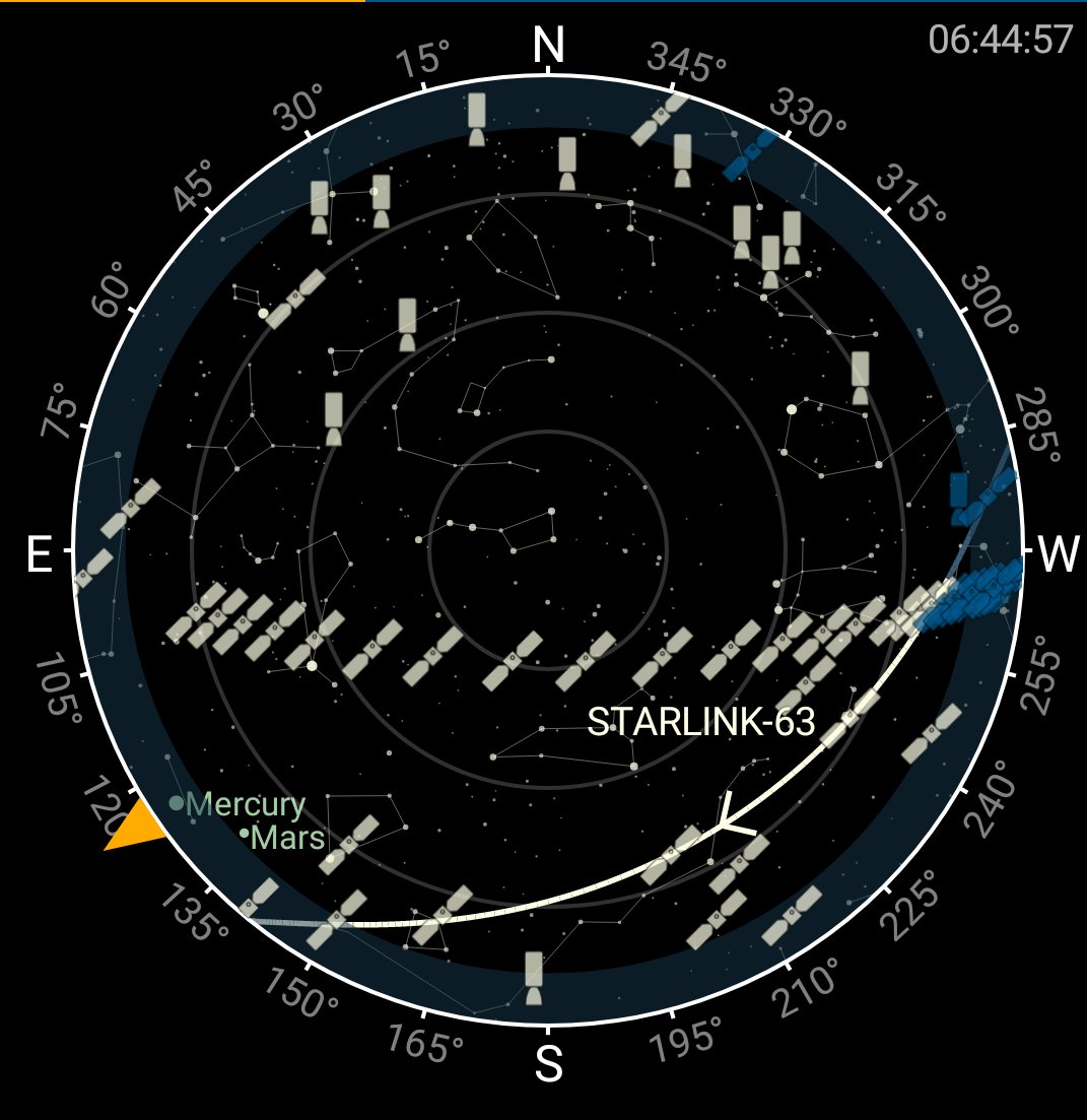 For reference: screenshot of Heavens Above app showing Starlink's presence in the sky this morning. Time given on image... (White = visible, in sunlight, blue = queued up waiting to join them)