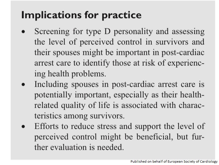 ESC_Journals's tweet photo. #EJCN paper: Type D personality and #perceivedcontrol are factors that might be considered during post #cardiacarrest, because of the associations with #hrQoL in survivors and spouses https://t.co/xdpVbOrjnl

 @EditorEJCN @escardio #ACNAP #cardiotwitter @SAGENursing #health https://t.co/pEMabbHcSo
