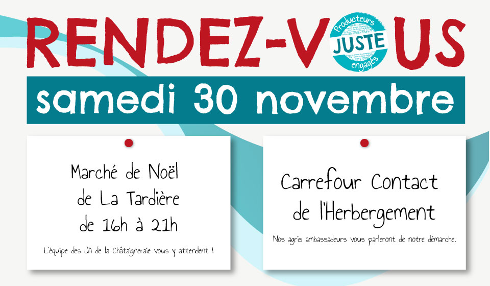 [Rendez-vous du week-end] 
Vous vous demandez quoi faire ce week-end ? Nos agris ambassadeurs #JusteEtVendéen vous attendent :

▶️ au marché de Noël de La Tardière avec les <a href="/JAVendee/">JA de Vendée</a> La Châtaigneraie 
▶️ et au Carrefour Contact de l'Herbergement  

Bon week-end JusteEtVendéen😀