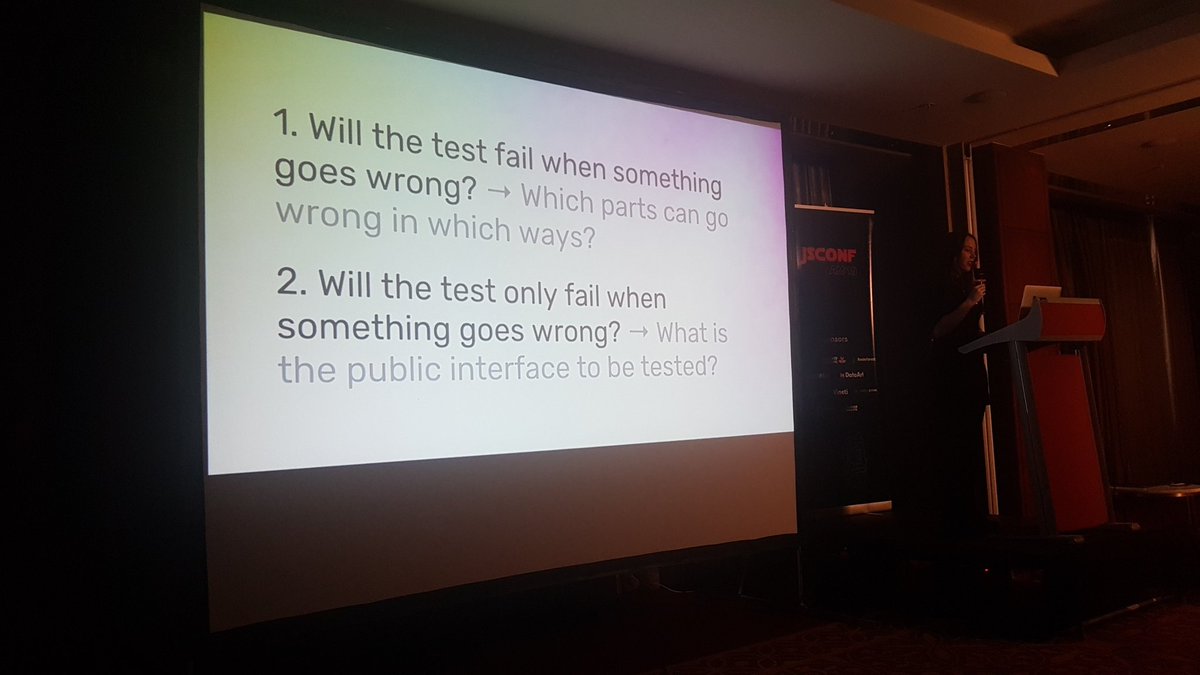 DonNicoJs's tweet photo. I love how @iris_schaffer is explaining the two best rules to keep in mind while writing tests! #JSConfAM19 https://t.co/dhwkMjr4Kv