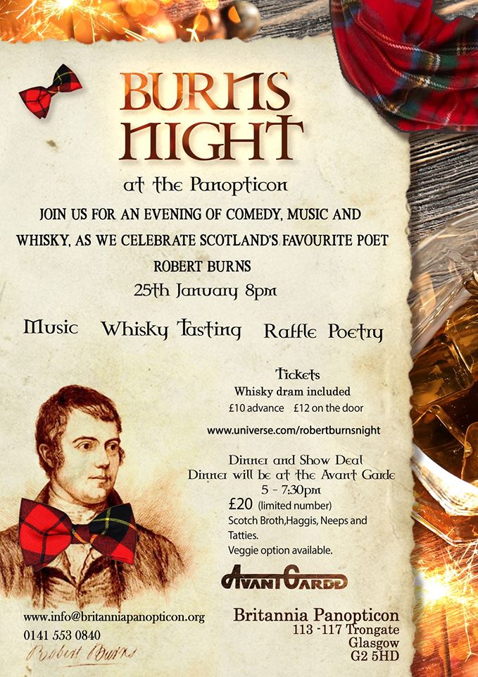 Join the <a href="/BritPanopticon/">Britannia Panopticon</a> on January 25th for an evening of comedy, music and whisky as they celebrate Scotland's favourite poet - Robert Burns!
bit.ly/2EgtOVG