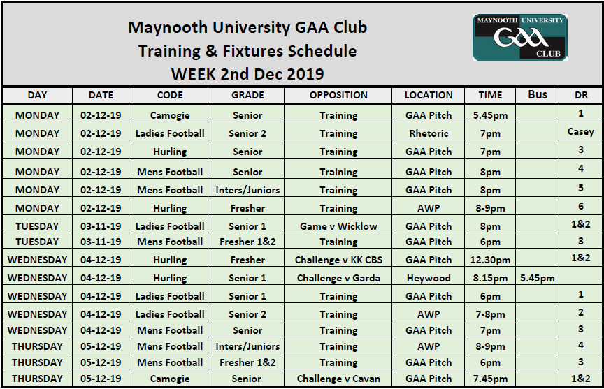 MaynoothUniGAA's tweet photo. Week eleven, MU GAA schedule below. All support welcome. New players always welcome. Pop into the GAA office if you have any questions. #yourclubawayfromhome #MUGAA https://t.co/3tt4XMPMqH
