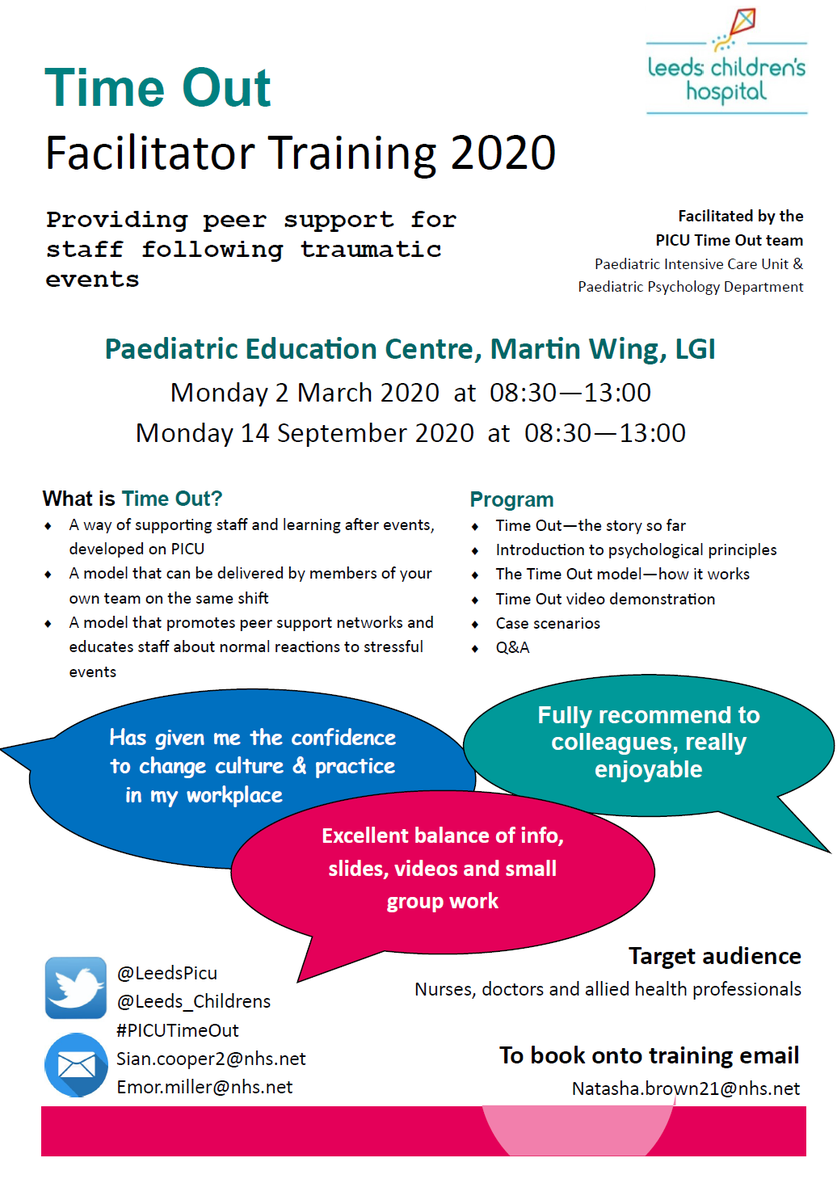 LCH_JDF's tweet photo. Interested in staff support following difficult events? Want some formal training in supporting your peers? You might consider #PICUTimeOut training. The next dates will be 2nd March and 14th September. Email natasha.brown21@nhs.net to book your place. https://t.co/aR1YQ2hJUF