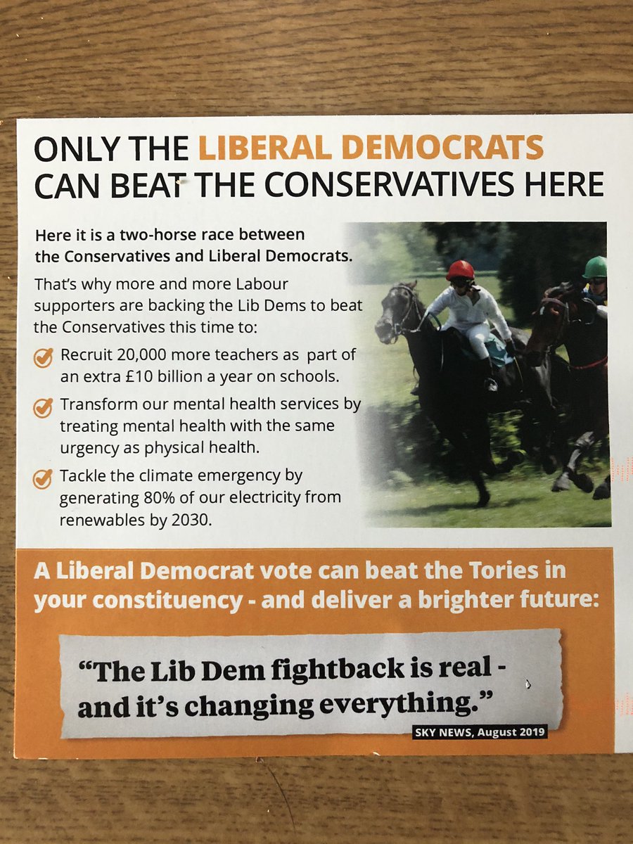 AliJDunk's tweet photo. So this came through the door at my parent’s house this morning from the Lib Dems. On the right is the last general election result from their constituency. How can a party get away with just openly lying like this? https://t.co/IwgKQZeies