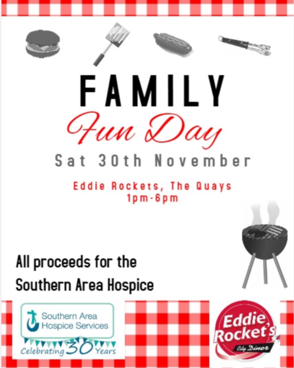 Eddie Rockets in Newry are hosting a Family Fun Day on Sat 30th November from 1pm to 6pm in aid of the Southern Area Hospice. Come on down to support this great cause.