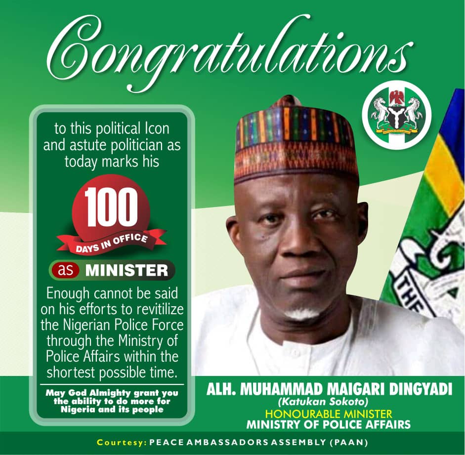 MinofPoliceNG's tweet photo. Peace Ambassadors Assembly celebrates Muhammad Maigari Dingyadi's first 100 days, as the Minister of Police Affairs. https://t.co/YQ54frsGNr