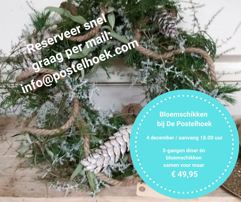 Creatief bezig zijn én lekker eten. Dat kan in De Postelhoek op 4 december. In samenwerking met De Bloemenzolder iets moois maken voor de feestdagen. Meld u snel aan.