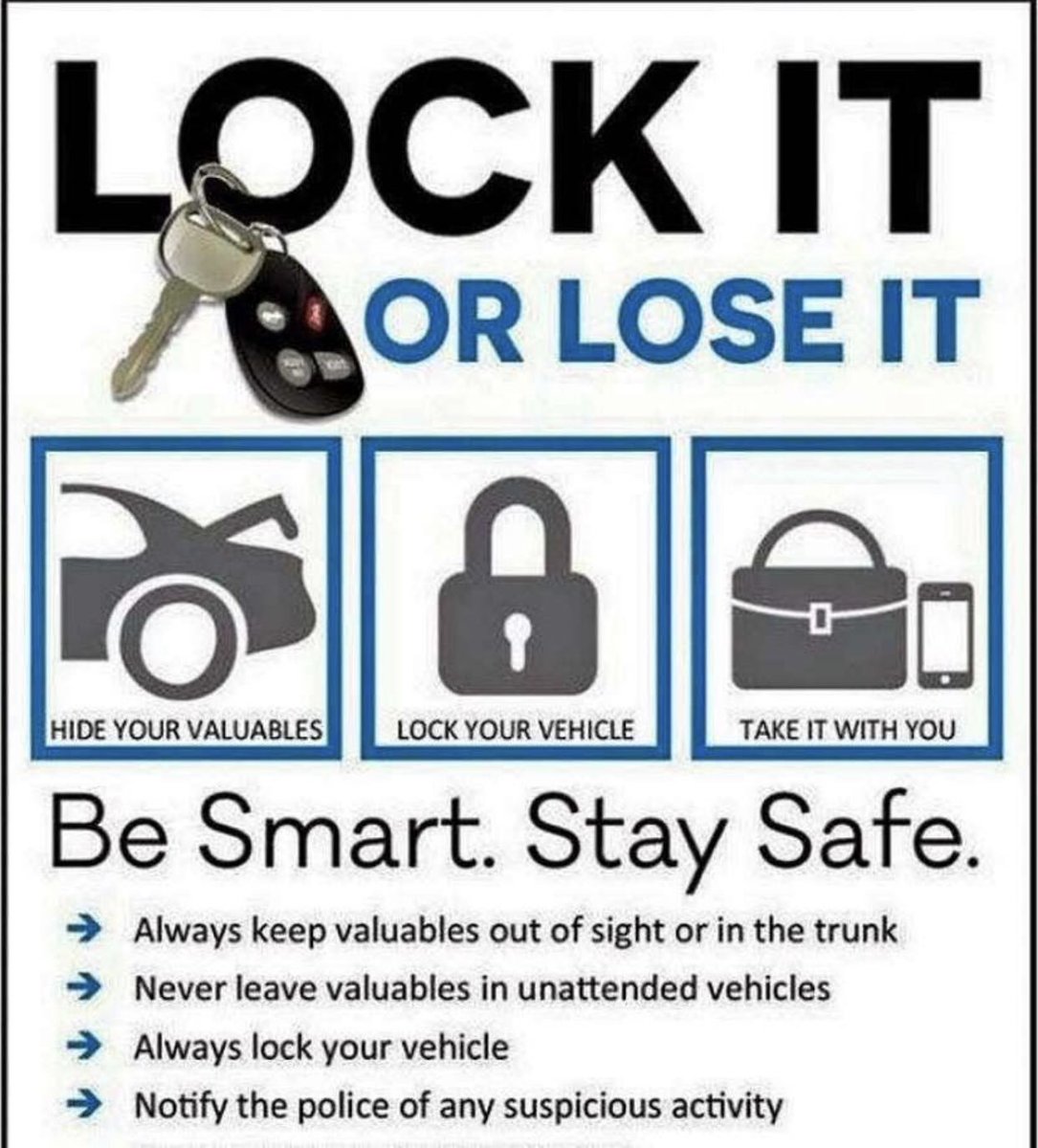 NYPD105Pct's tweet photo. 🚙Safeguard Your Vehicle 🚗
♦️Always lock & secure your vehicle
🔹Activate your alarm
♦️Never leave keys in ignition
🔹Never leave property in sight
♦️Park in high traffic or well lit areas
#CrimePrevention
#NYPDTips https://t.co/27wun2kACq
