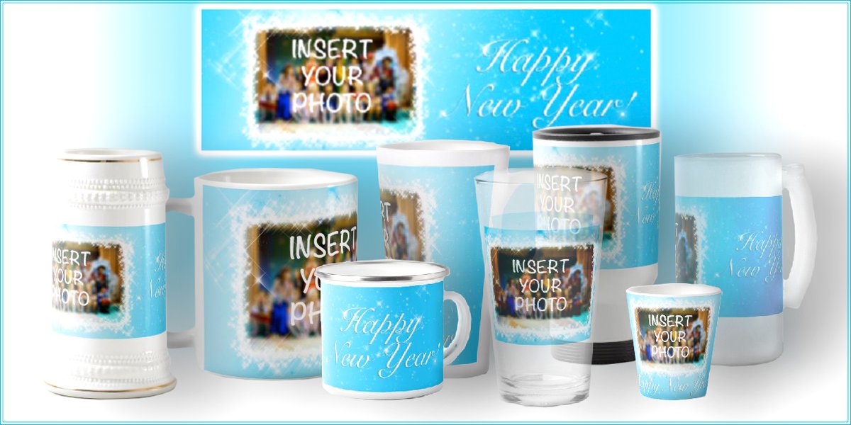 My new products on Zazzle! Mugs, Cups, Drinking Glasses, Beer Steins. Pretty blue design. White stars in the blue sky. Text «Happy New Year!» Add your own photo into the frame. #zazzle #veronika2v #giftideas #blue #template #addyourphoto @Zazzle zazzle.com/store/veronika…