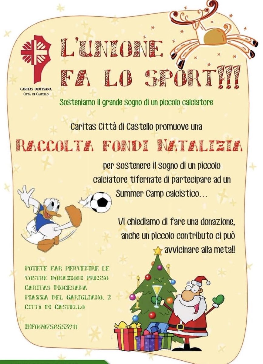 La <a href="/CaritasItaliana/">Caritas Italiana</a> di #città di castello promuove raccolta fondi #natalizia per regalare ad un bambino il sogno di un #summercamp. #chebello #solidarieta’ <a href="/cjmimun/">Clemente Mimun</a> <a href="/FIGC/">FIGC</a> <a href="/ACPerugiaCalcio/">A.C. Perugia</a> <a href="/ansacalciosport/">Ansa Calcio & Sport</a> <a href="/CdrTg5/">cdr tg5</a>