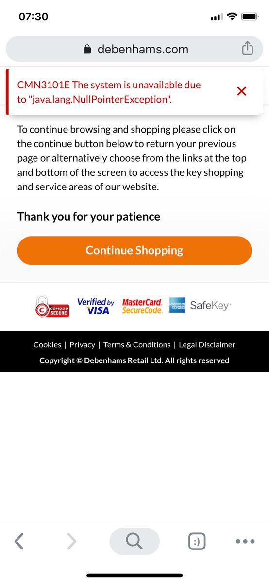 SvwUk's tweet photo. @Debenhams are you aware of this issue? This Black Friday I seem to be getting a “java.lang.NullPointerException” 

#ux #mobileux https://t.co/0LfZYdtvUq
