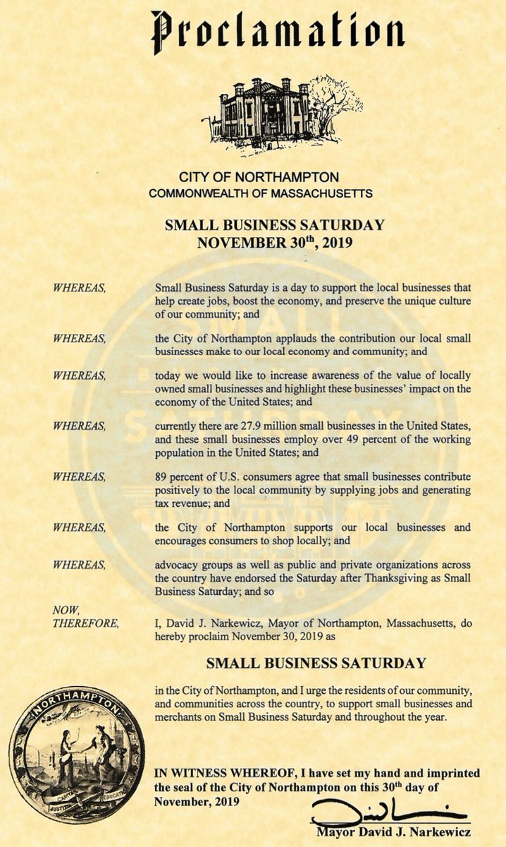DavidNarkewicz's tweet photo. Happy #SmallBusinessSaturday, #NorthamptonMA! Please support our small, locally owned businesses today and everyday. In recognition, the city is offering free parking today at all meters, kiosks, on-street spaces, and off-street lots. #shopsmall https://t.co/2I3RmfGiJs