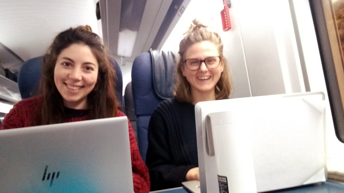 _AliceOh's tweet photo. Working hard on the Eurostar to Paris with @ThinkAnge on the way to #cop25 in Madrid! Making the most of these luxurious 2 hours before 17 hours on a bus.... #phdlife #railtocop #flygskam https://t.co/t80Rejrls3