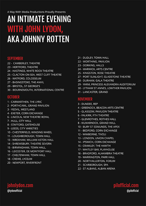 pilofficial's tweet image. Tickets are selling fast for the John Lydon – I Could Be Wrong, I Could Be Right Q&amp;amp;A Tour UK Autumn 2020. 

Full ticket and package info at johnlydon.com/john-lydon-i-c…