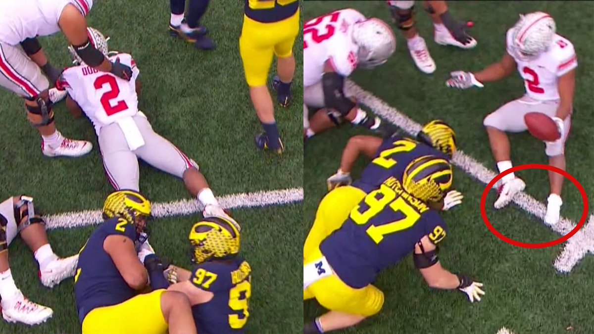 CBSSports's tweet photo. Two Michigan players appear to untie and remove J.K. Dobbins' shoe...

Yes, this is certainly a college football rivalry game. https://t.co/akv4w3aZk2