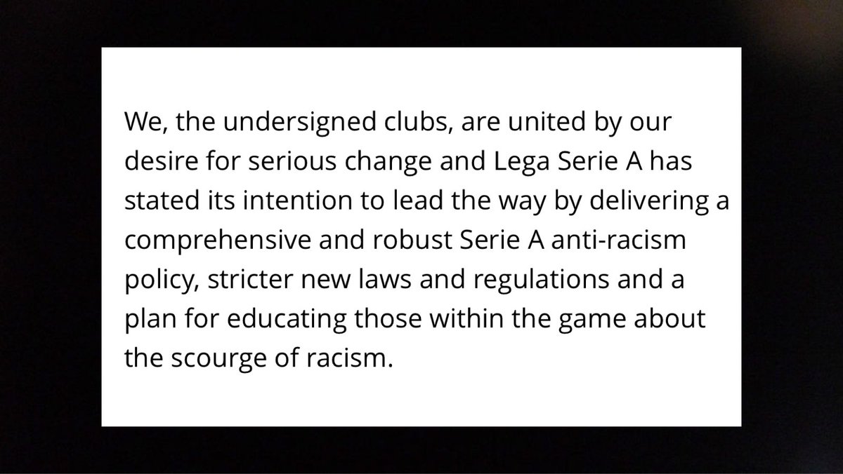 Fans want actions, not letters. They’re right. That’s why the letter highlights the fact that Serie A HAVE to deliver a ‘robust anti-racism policy & stricter new laws and regulations’. Stricter new laws. Stricter new regulations. If there is a take-away from the letter, it’s this