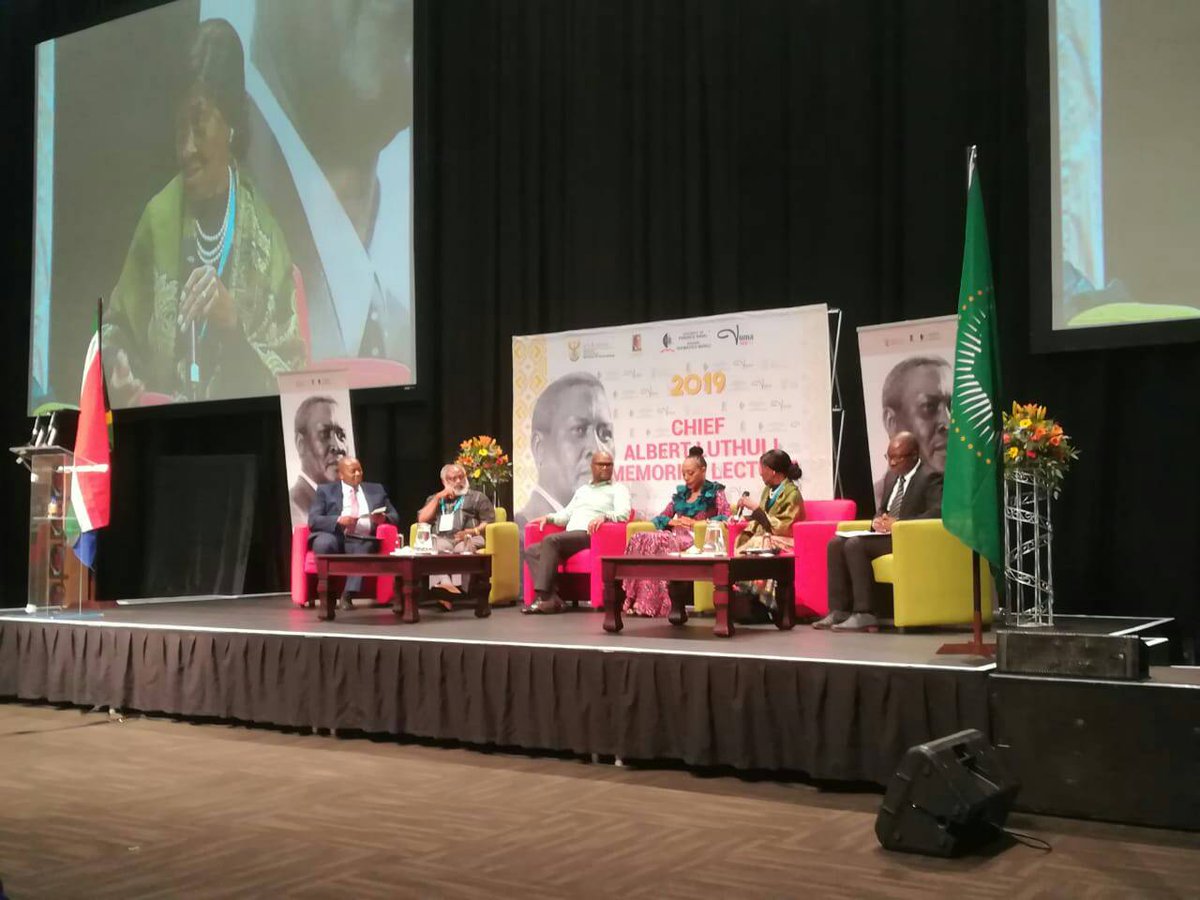 LuthuliMuseum's tweet photo. The panelists at the Luthuli Lecture 2019, Mr. Important Mkhize, Minister Nathi Mthethwa, Ms. Samia Nkrumah, Dr. Albetinah Luthuli and Professor Nhlanhla Mkhize addressing questions from the audience. #LuthuliLecture #RememberingLuthuli https://t.co/41ZPTyBL3v