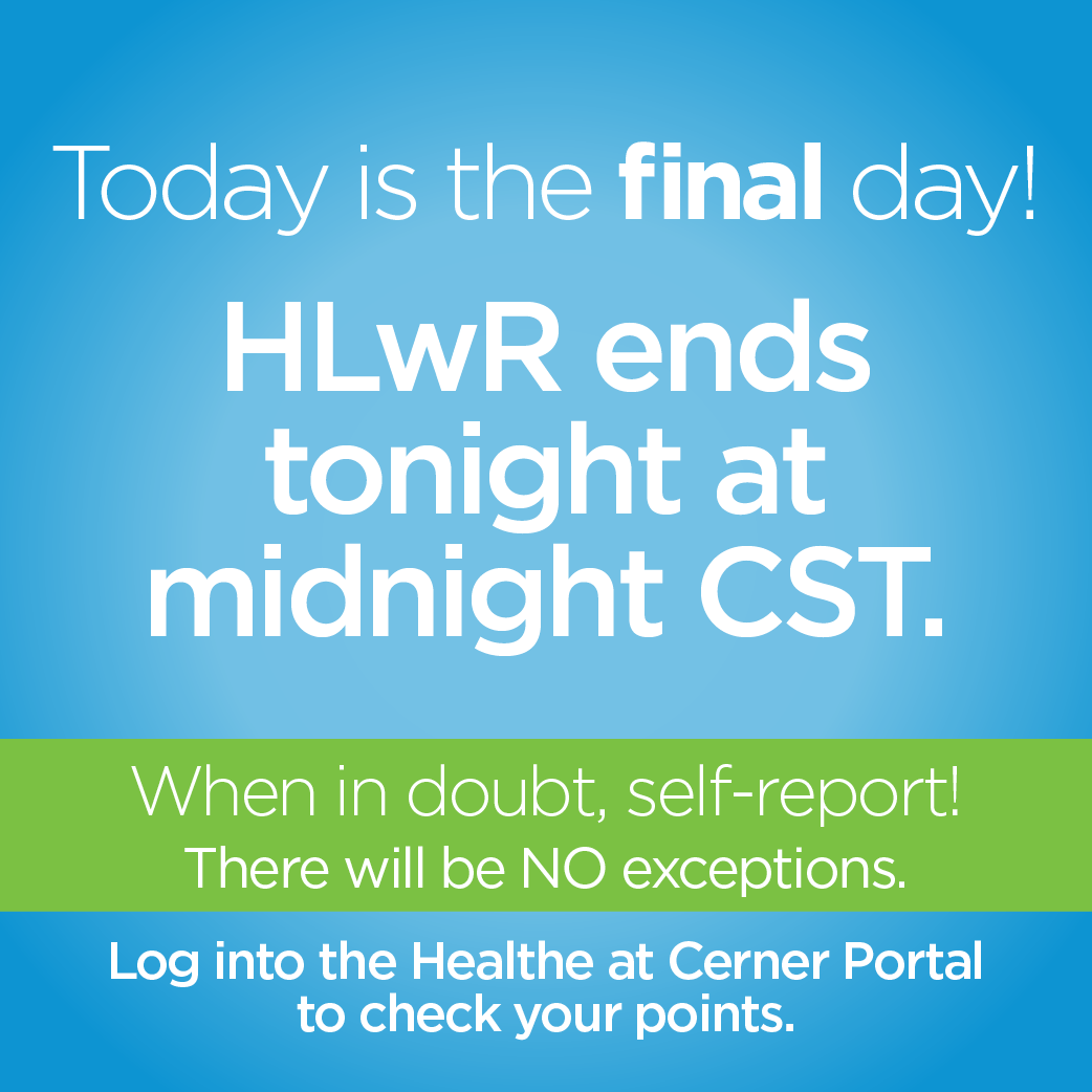 HealtheAtCerner's tweet photo. That's right folks! Today is the FINAL DAY for the 2019 Healthe Living with Rewards program. Check your points by logging into the Healthe at Cerner Portal. And remember... when in doubt, self-report! #healthelivingwithrewards https://t.co/3uOIQqx2yJ