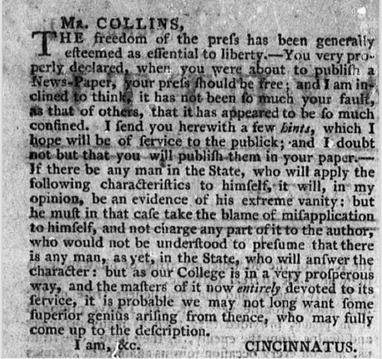 One example of WL’s anonymous essays appeared in an October 1779 issue of The New Jersey Gazette. Signed under the pen name “Cincinnatus,” Livingston shared “hints humbly offered to the consideration of the Legislature of New Jersey, in their future choice of Governor.”