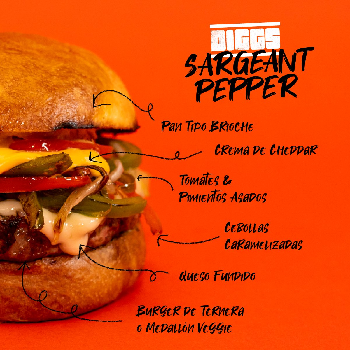 Diggsargentina's tweet photo. La receta magistral de nuestra Sgt. Pepper pergeñada por Dante Franco es ideal para estos días de verano: al sabor de nuestra #burger artesanal le suma el frescor de pimientos y tomates asados, servidos con doble queso y cebollas caramelizadas en pan casero tipo brioche. #Palermo https://t.co/ViYhYyTDQV