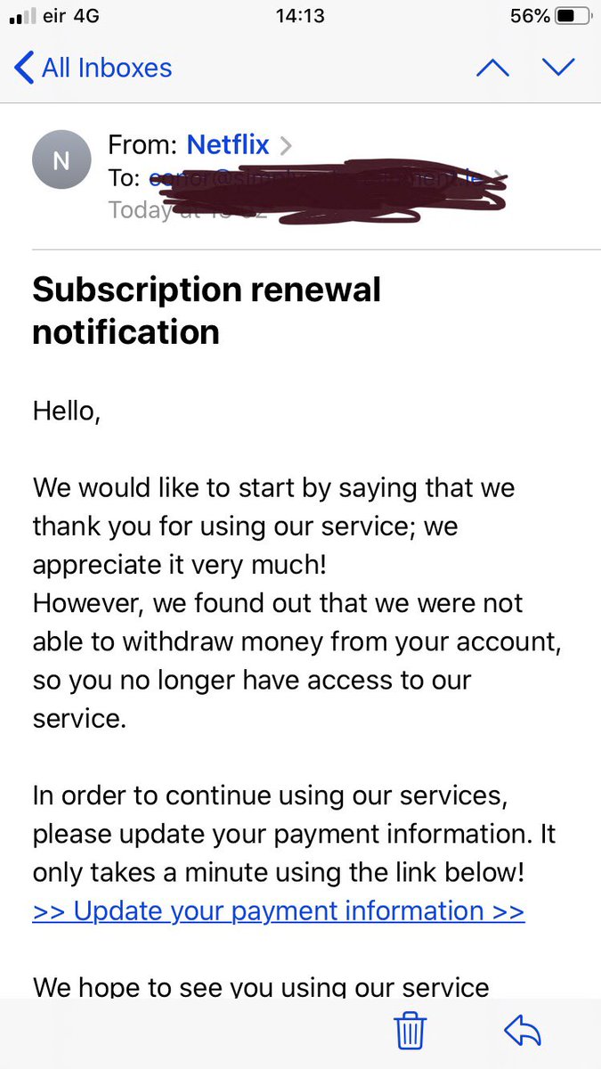 conorburke's tweet photo. . @NetflixUK just be careful, Spam going around saying you need to update payment info. Closer inspection shows masked sender https://t.co/2sjca9AeIw