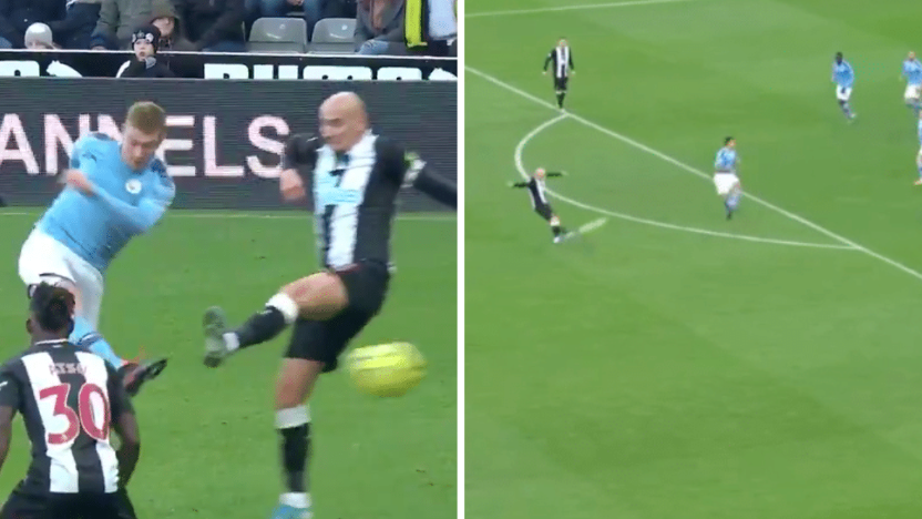 sportbible's tweet photo. Kevin De Bruyne rockets ball off underside of the bar with incredible strike to put Man City 2-1 ahead. 😳

Jonjo Shelvey: Hold my beer 🍺

https://t.co/Jtjro87XrZ https://t.co/lWeBb2uTqd