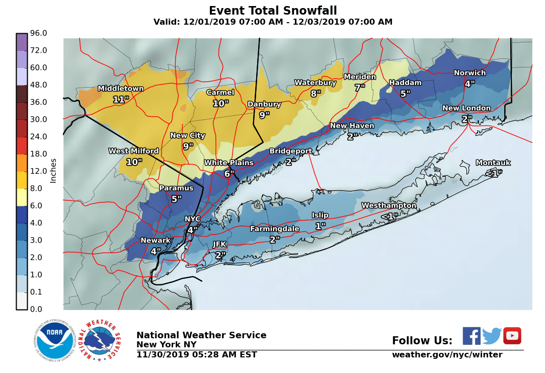 Here is the projected snowfall map from the National Weather Service through Tuesday at 7 a.m. EST. Shoreline totals have been downgraded due to mixing and a potential changeover.