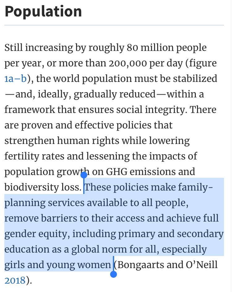 Bloomberg quotes the study as saying: “population must be stabilized—and, ideally, gradually reduced—within a framework that ensures social integrity” but the full quote includes specific mention of gender equity, reproductive freedom and increased education for women.