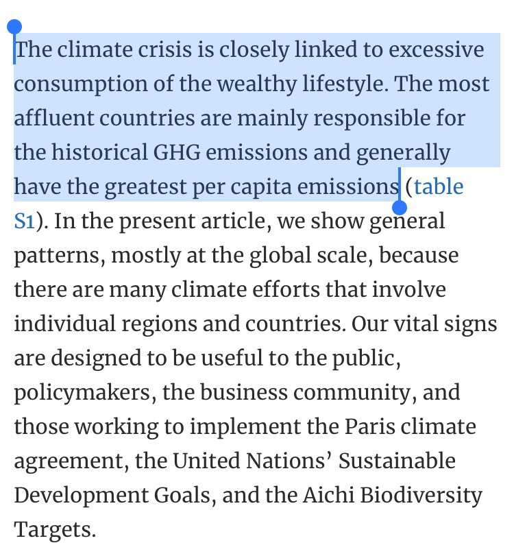 Bloomberg also omits what I think is a much more interesting interesting quote, and one that is more central to the study’s argument: that the climate crisis is linked to overconsumption by affluent nations and the wealthy class.