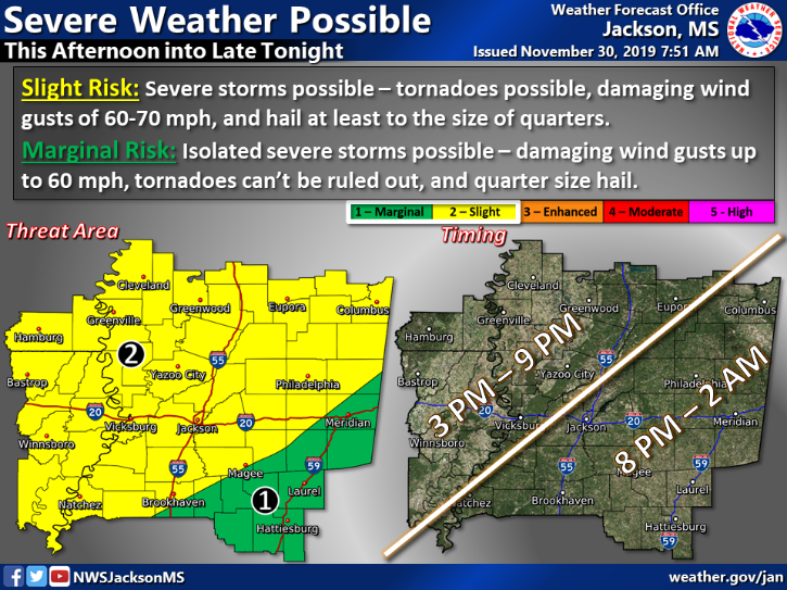 NWSJacksonMS's tweet photo. ❗ UPDATE ❗

The 'Slight Risk' has been expanded further east. Check to see which threat area your county falls in! 

Timing will still be the same: Storms moving into the area in the late afternoon, progressing eastward through the evening and overnight. #mswx #lawx #arwx https://t.co/vWuecdPTtq