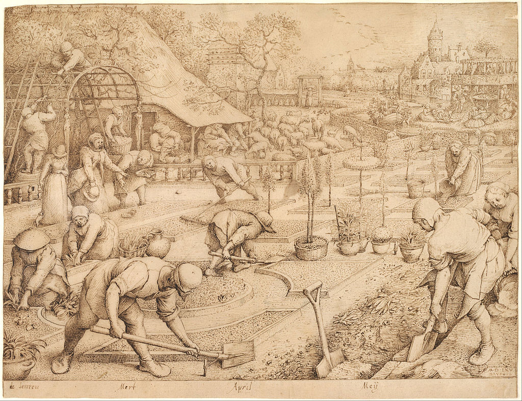 "Spring, 1565, a drawing made to be engraved. It was apparently never painted by Bruegel himself, but after his death came dozens of versions in paint by his son and others."