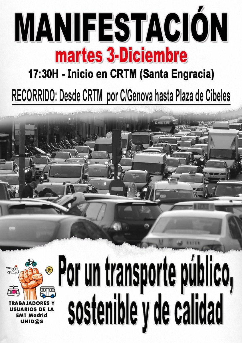 NoMasPreAlcala's tweet photo. El martes 3 de diciembre a las 17:30h, únete a la manifestación de usuarias y trabajadoras de la @EMTmadrid
Inicio en el Consorcio Regional de Transportes de Madrid (CRTM), en la Plaza del Descubridor Diego de Ordás, 3 (en Santa Engracia), hasta Pl. Cibeles
No faltes! https://t.co/MkGOgNMDD5