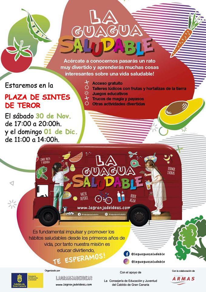 La Guagua Saludable🚌🍎🥑🍌La parada será el sábado 30 de noviembre de 17.00 a 20.00 horas y el domingo 1 de diciembre de 11:00 a 14:00 horas,en Teror. ¡ACCESO GRATUITO!🤯Se desarrollarán: Talleres, actividades, juegos lúdicos-educativos..🤡🤖#TASOTgrupo3isa <a href="/GranCanariaJven/">Gran Canaria Joven</a>