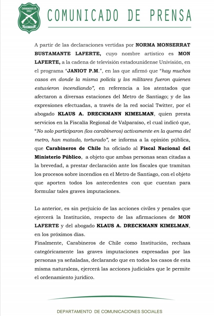 Carabdechile's tweet image. Compartimos el Comunicado de Prensa con relación a las graves imputaciones en contra de @Carabdechile. #OrdenyPatria #NoMásDesinformación
