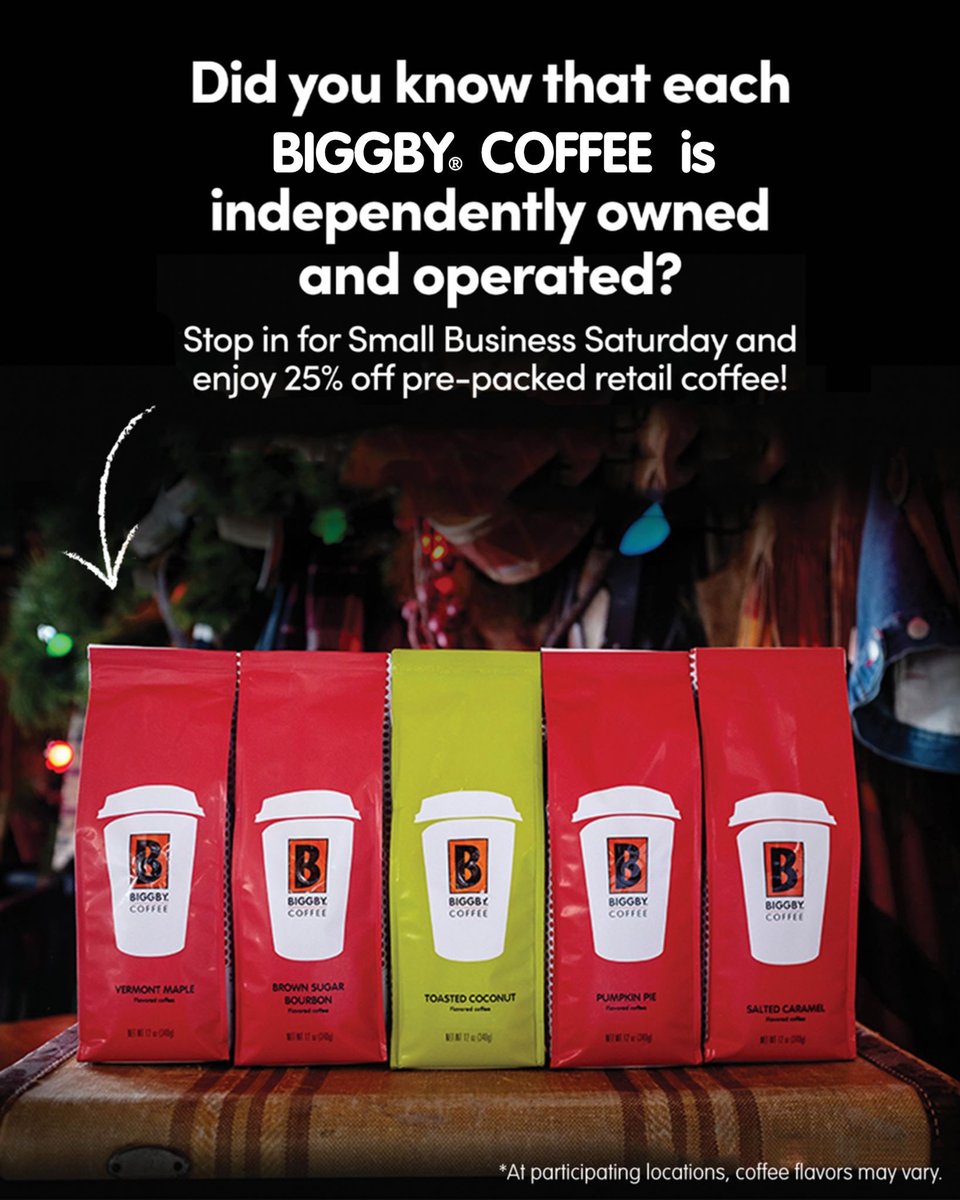 TBiggby's tweet photo. Did you know that every BIGGBY® COFFEE is independently owned and operated? Stop in and help us celebrate Small Business Saturday with 25% OFF prepackaged coffee all day on Nov 30. It's great for the coffee lover on your list!  🎁🛍 https://t.co/Hc5X3Yl7ns