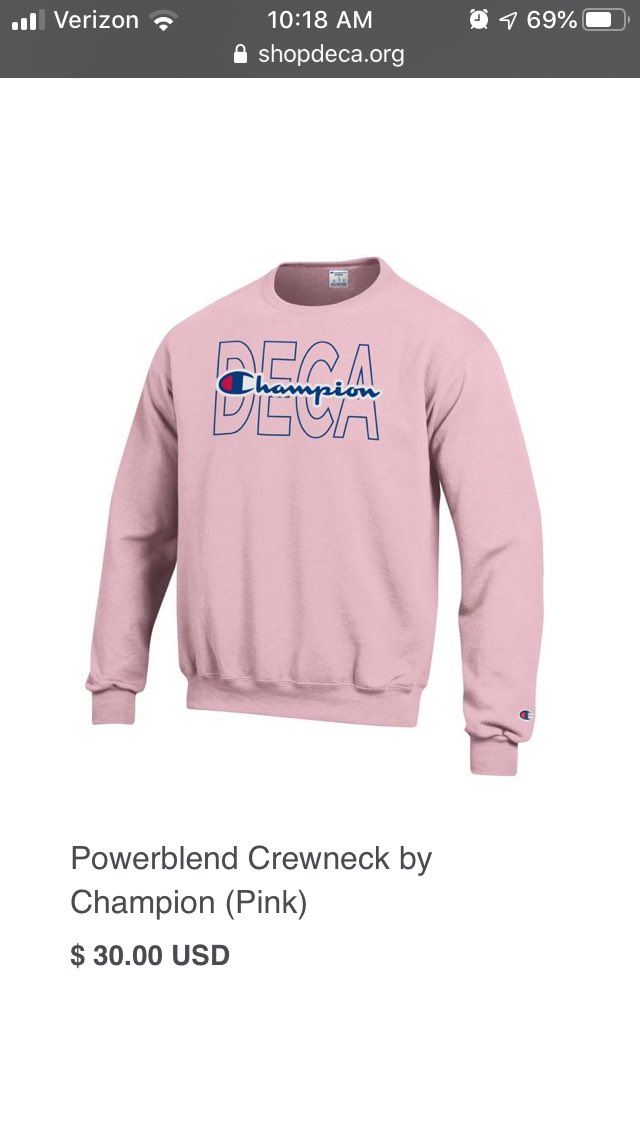 deca_cassie's tweet photo. #DECAmonth day 29 and 30! My favorite shop DECA item is this pink DECA champion crew neck. And I am most looking forward to states with these guys! 💙💙 https://t.co/RIMzwN5jEN