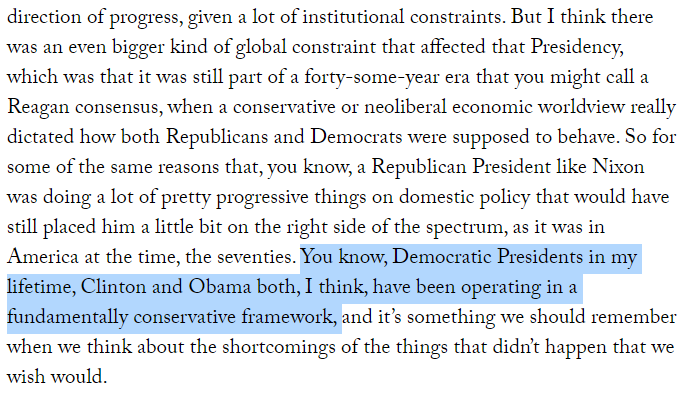 From April: "You know, Democratic Presidents in my lifetime, Clinton and Obama both, I think have been operating in a fundamentally conservative framework." https://twitter.com/NateSilver538/status/1200780485942579201