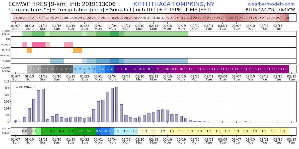 OVERVIEW - Moderate/heavy snow will continue through the day on Monday before tapering off Monday evening. This graph gives a good general idea of what to expect hour-by-hour in Ithaca in terms of precipitation intensity (top precip bar), and type (the next four bars).