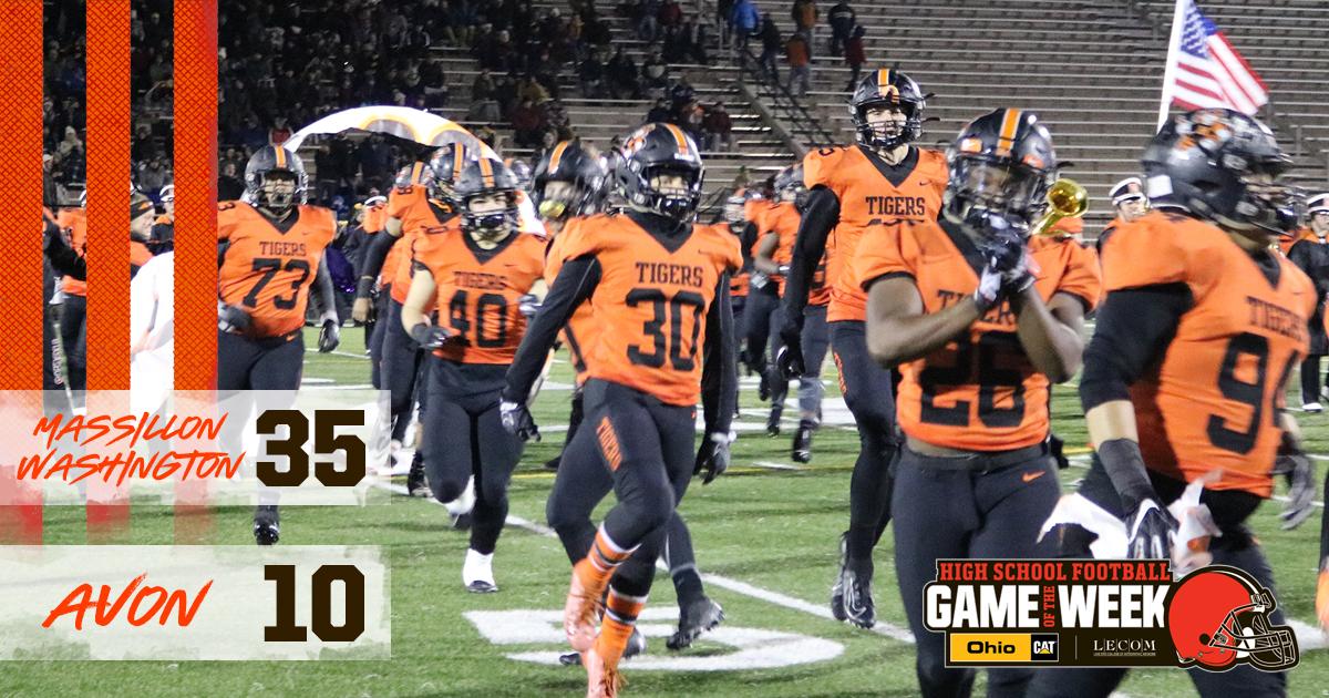 Browns's tweet photo. 🐅 Tigers win! Massillon Washington downs Avon to advance to the @OHSAASports Division II state championship game in this week's #HSGOTW!

📸 » https://t.co/tHINTzsDLK

@BrownsYouthFB https://t.co/XXqDWRUrO2