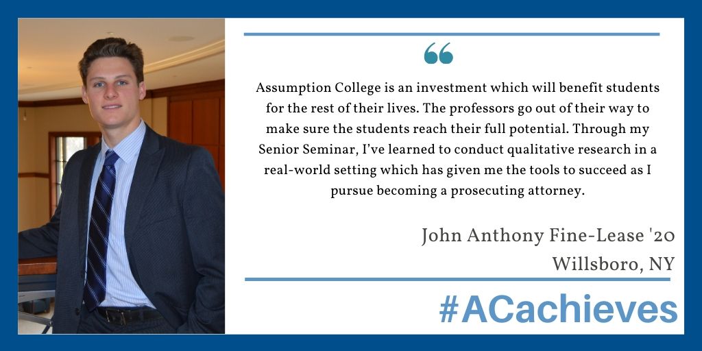 AssumptionUadm's tweet photo. A sociology and criminology major, John interned at the Worcester County DA’s Office. For his Senior Seminar, he researched the issue of homelessness and the different social and personal factors which allows homelessness to be such a significant social issue. 🐾 #ACachieves https://t.co/P7PCgaHomp