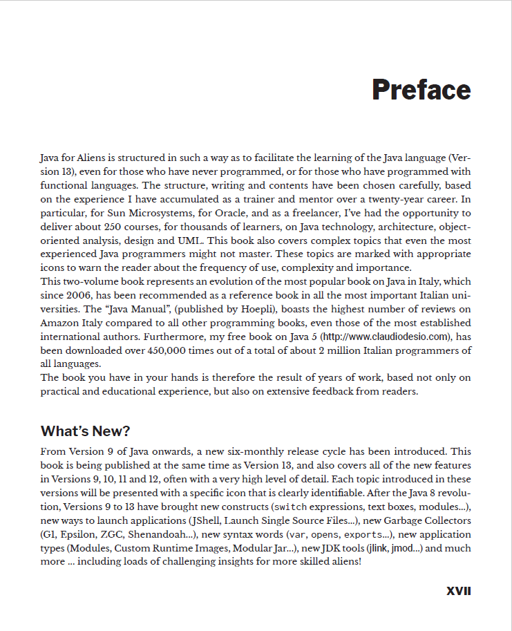 cdesio's tweet image. Just added a section of the first 4 free samples PDF from my Java 13 book "Java for Aliens", and uploaded update 2 of the on-line "Exercises" file. Check them out on javaforaliens.com! 
@slemonk
#java13 #java #javaforaliens