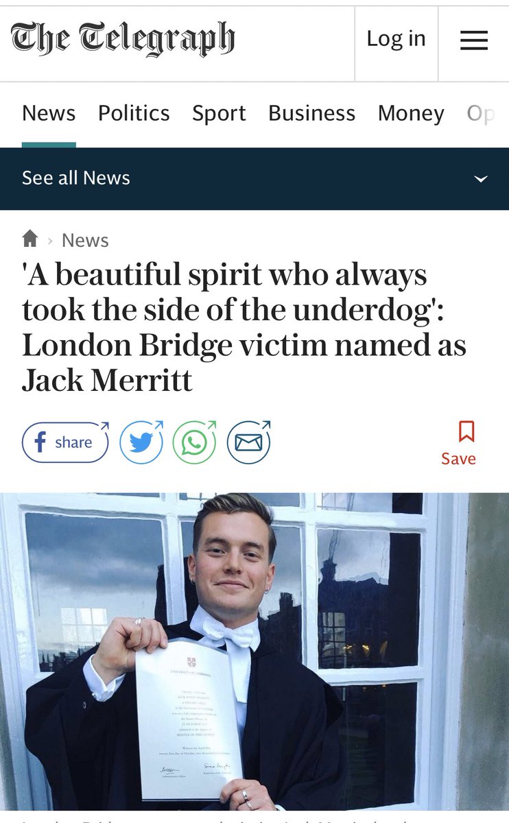 Heartbreaking 😢. A beautiful soul indeed, with his whole future ahead of him, but mercilessly ripped away by this barbaric Islamic terrorist beast in #LondonBridge attack.

May #JackMerritt’s memory always be blessed!