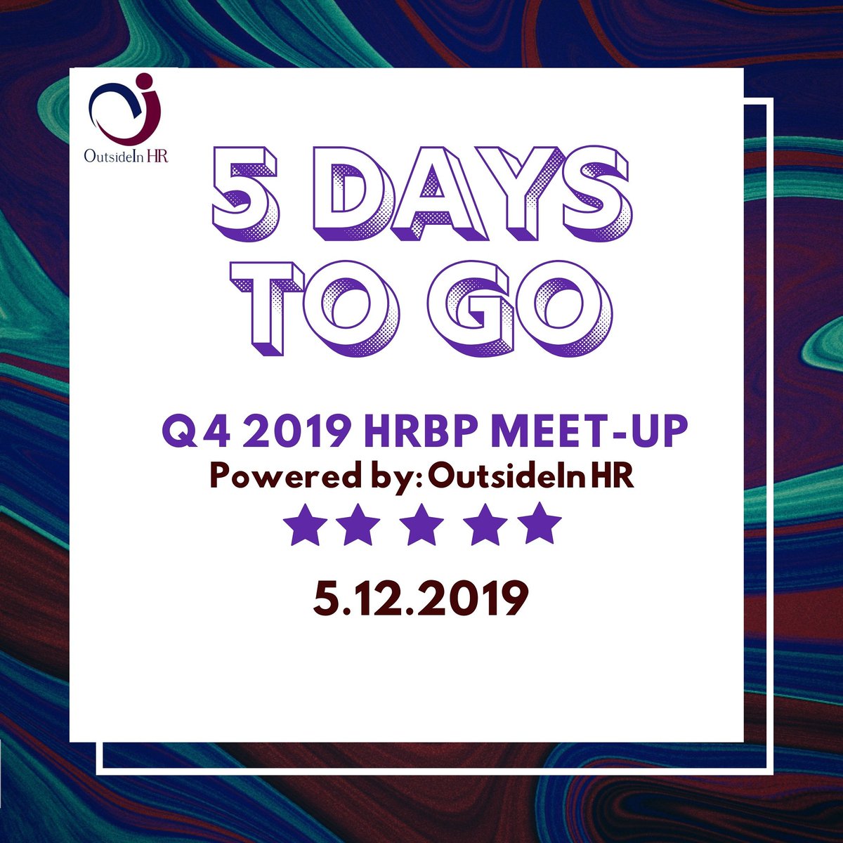 Still counting down... Q4 2019 HRBP Meetup is in 5 days!!!

 If you would like to attend, send an email to info@outsideinhrng.com ...

#anticipate
#hrevents #hrbp #outsideinhr