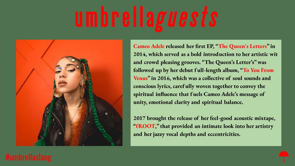 umbrellaslang's tweet photo. #umbrellaguests:
Artist - @cameoadele_
Based - Los Angeles
Music Style - Eclectic Soul

Come check out Cameo Adele at the next #umbrellaslang on December 7th!

Capacity is limited, RSVP: https://t.co/LluWxNHu7k!

#artist #specialguest #losangeles #california #music #conversation https://t.co/aakjzgreCb